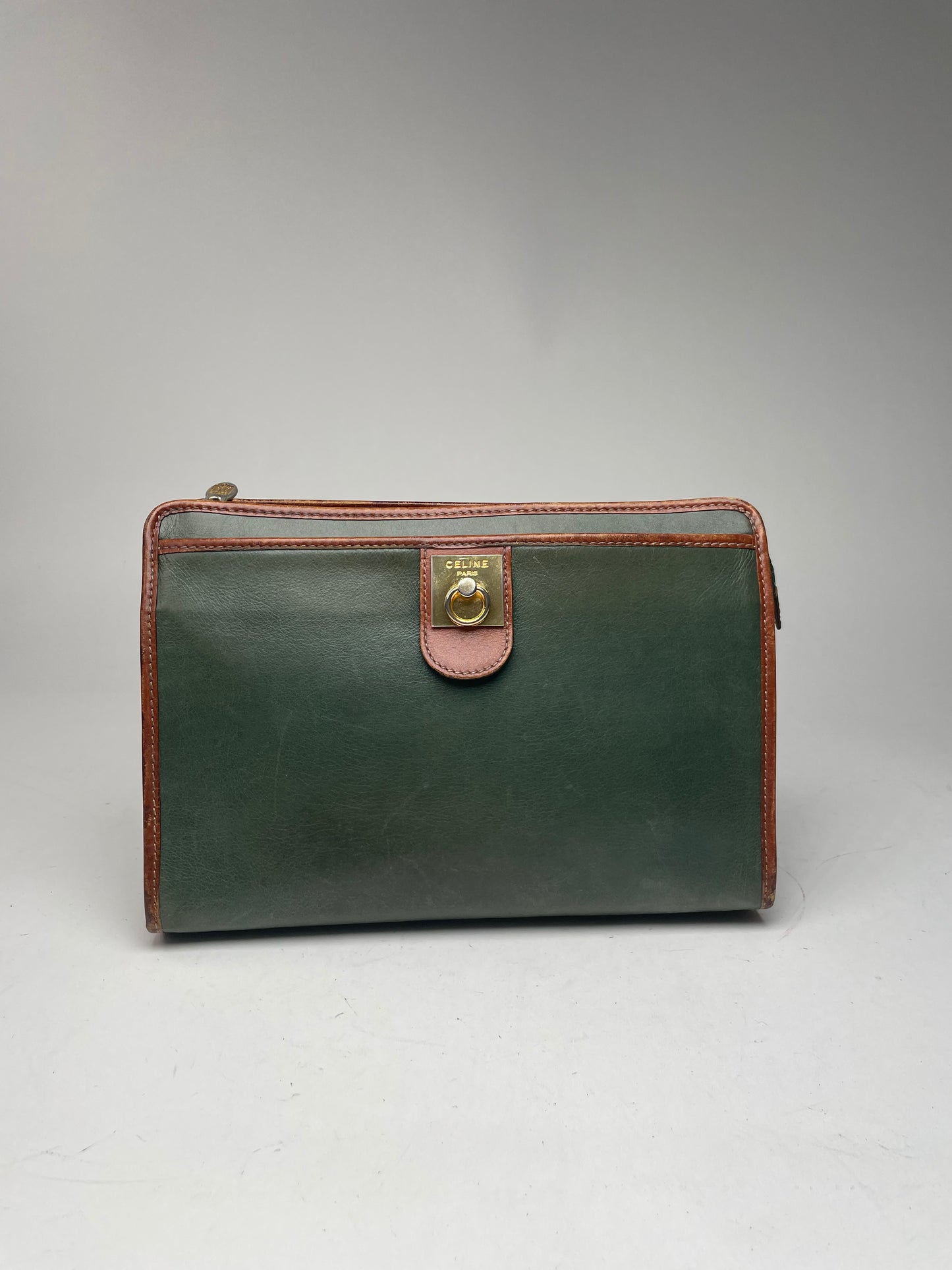 Vintage Celine Paris Triomphe Leather Clutch Green