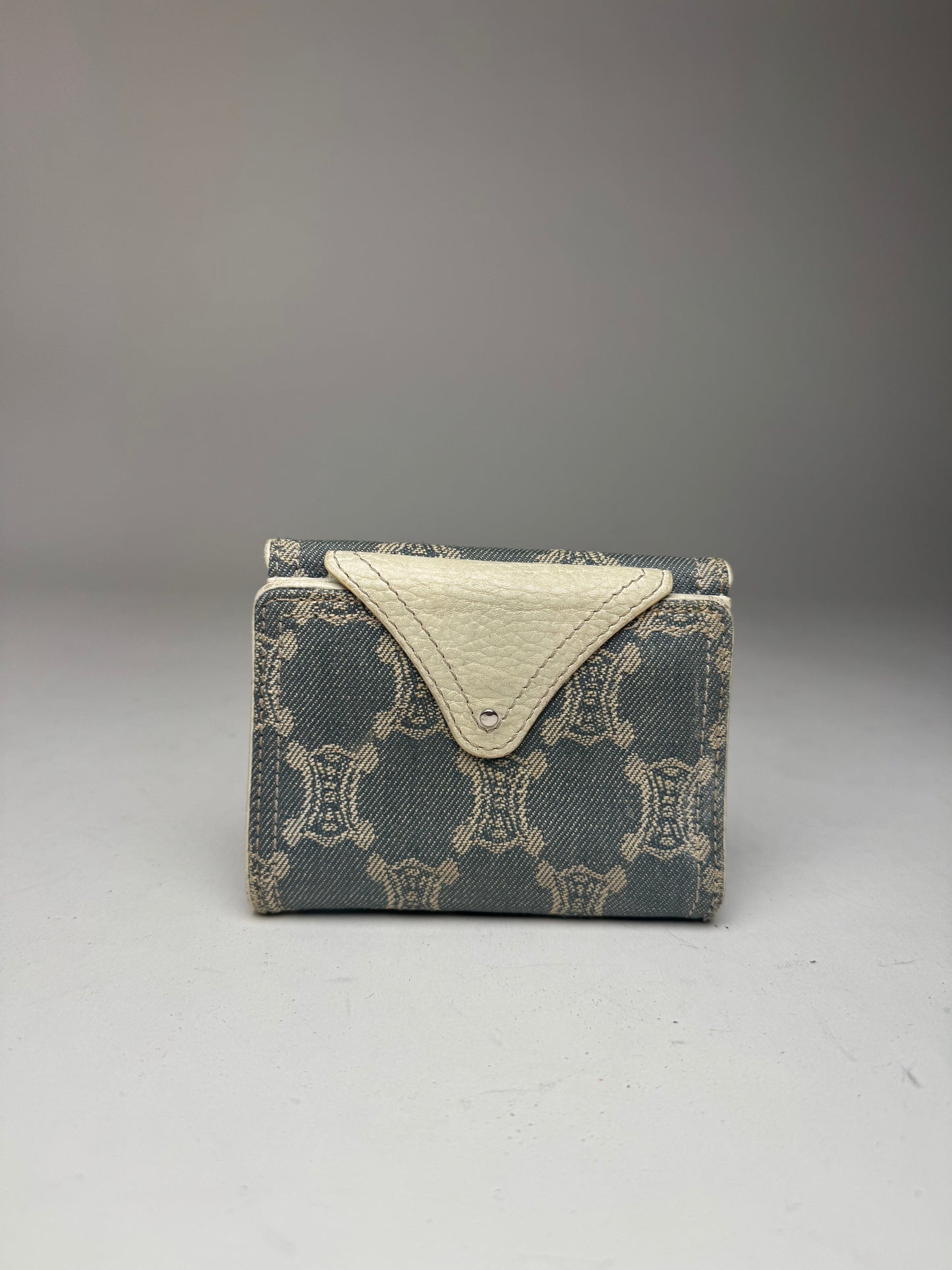 Vintage Celine Paris Denim Leather Monogram wallet white blue