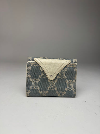 Vintage Celine Paris Denim Leather Monogram wallet white blue