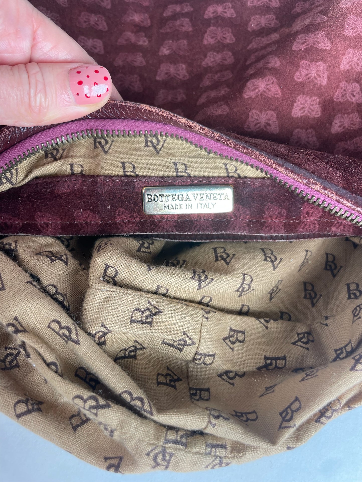 Vintage Bottega Veneta Butterfly Monogram Suede Shoulder Bag Red