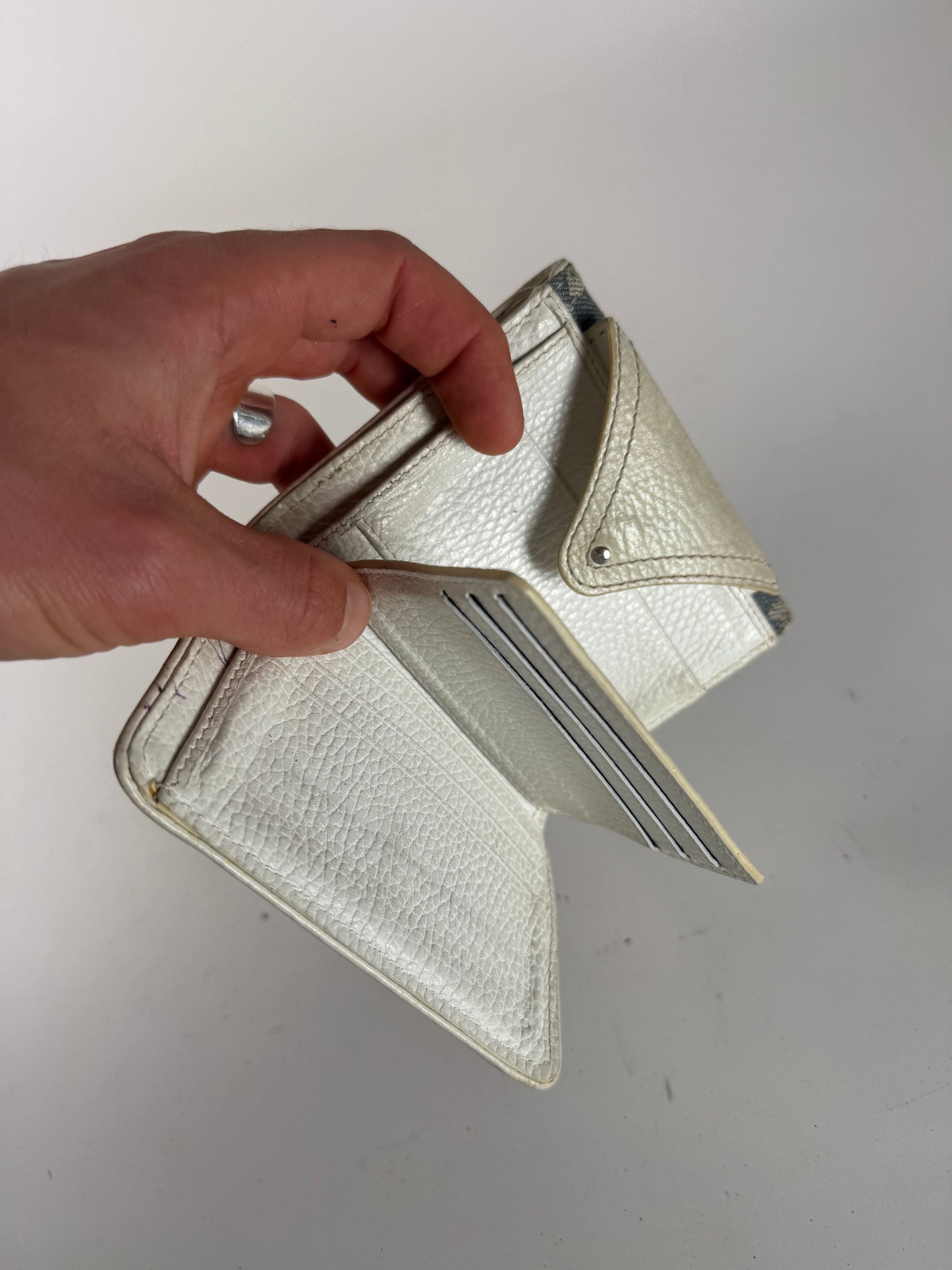 Vintage Celine Paris Denim Leather Monogram wallet white blue