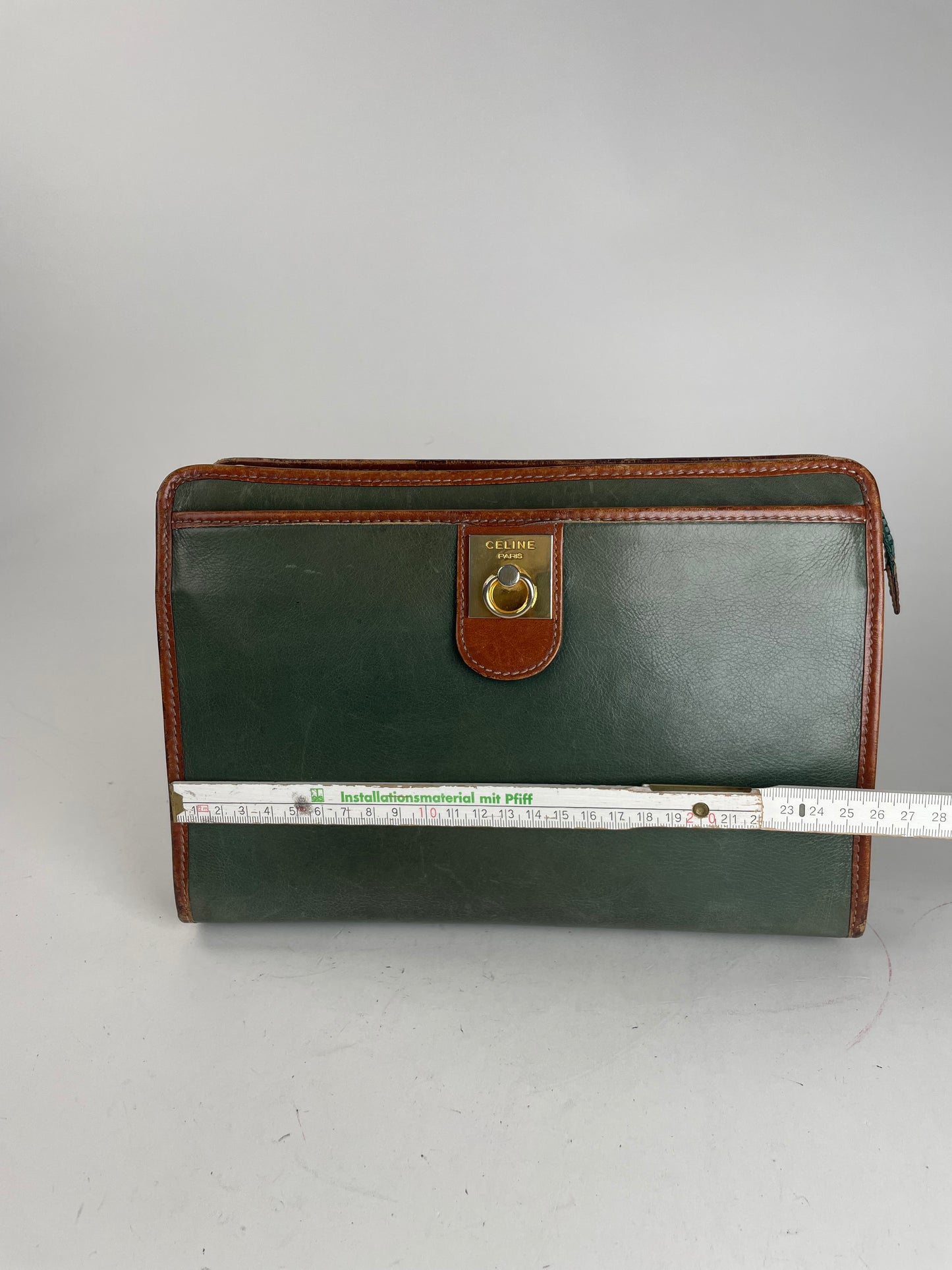 Vintage Celine Paris Triomphe Leather Clutch Green