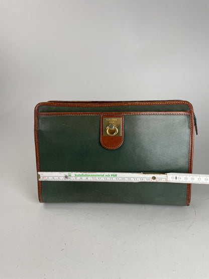 Vintage Celine Paris Triomphe Leather Clutch Green