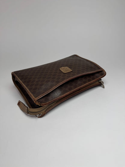 Vintage Celine Paris Triomphe Monogram Leather Clutch Brown