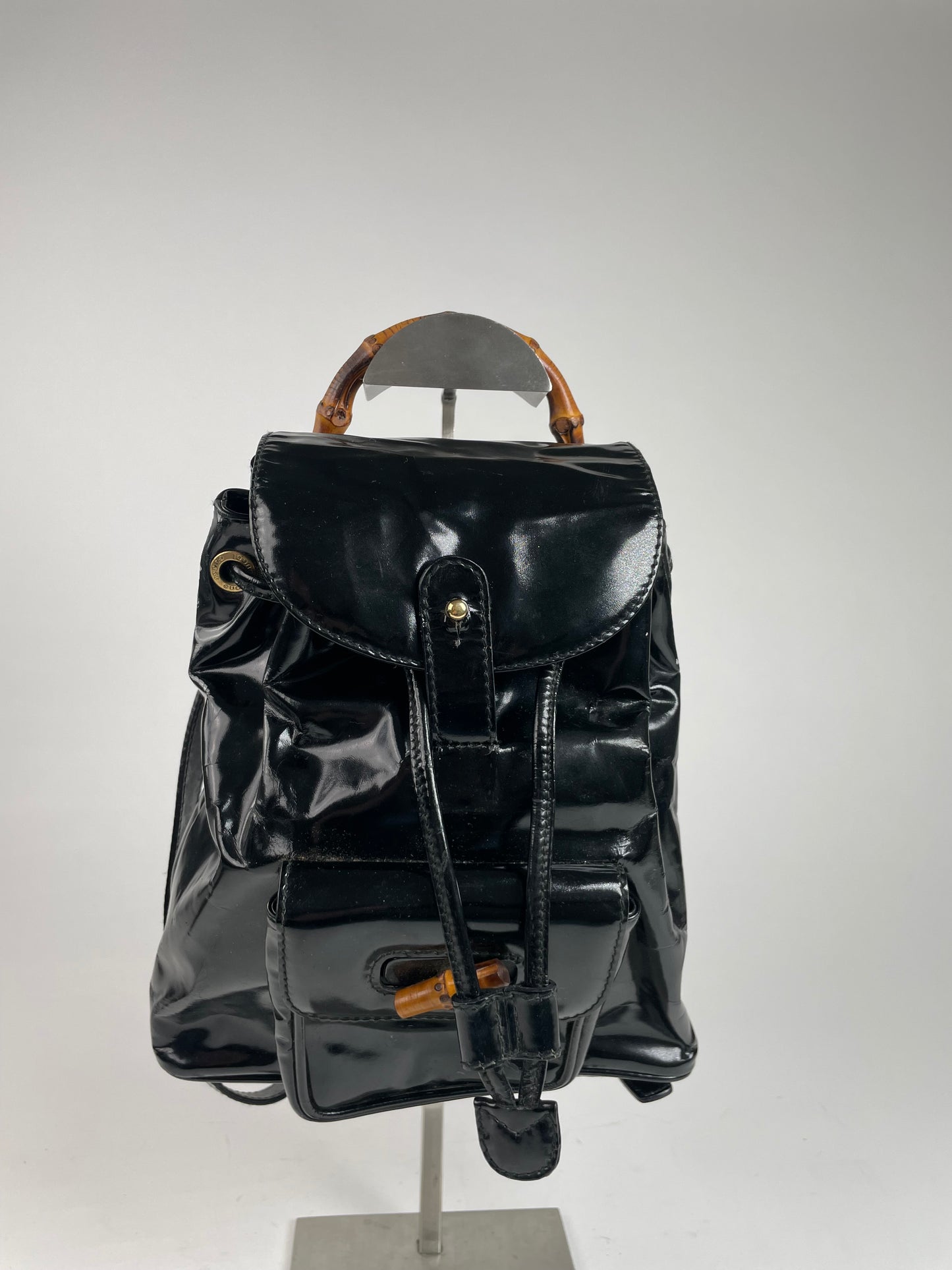 Vintage Gucci Bamboo Patent Leather Bagpack Black