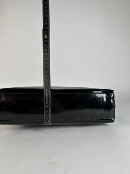 Vintage Ferragamo Patent Leather Structured Shoulder Bag Black Silver