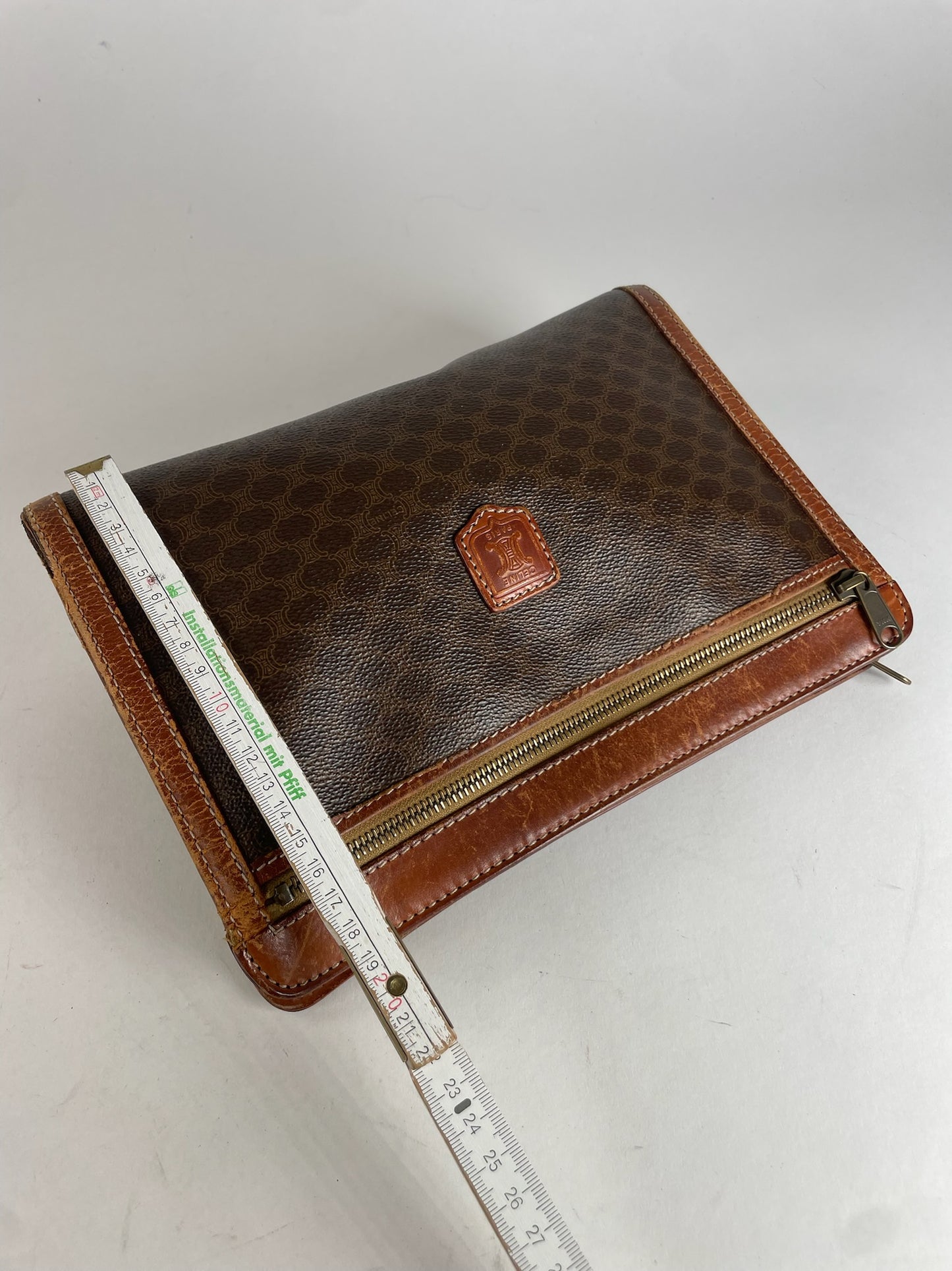 Vintage Celine Paris Triomphe Monogram Leather Clutch Brown
