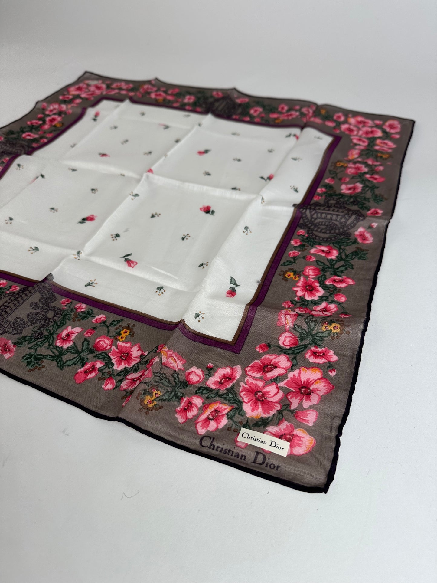 Vintage Dior Floral Scarf Pink Brown White