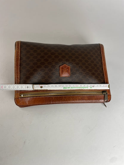Vintage Celine Paris Triomphe Monogram Leather Clutch Brown