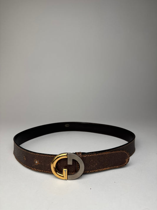 Vintage Gucci Bicolor GG Buckle Leather Belt Brown