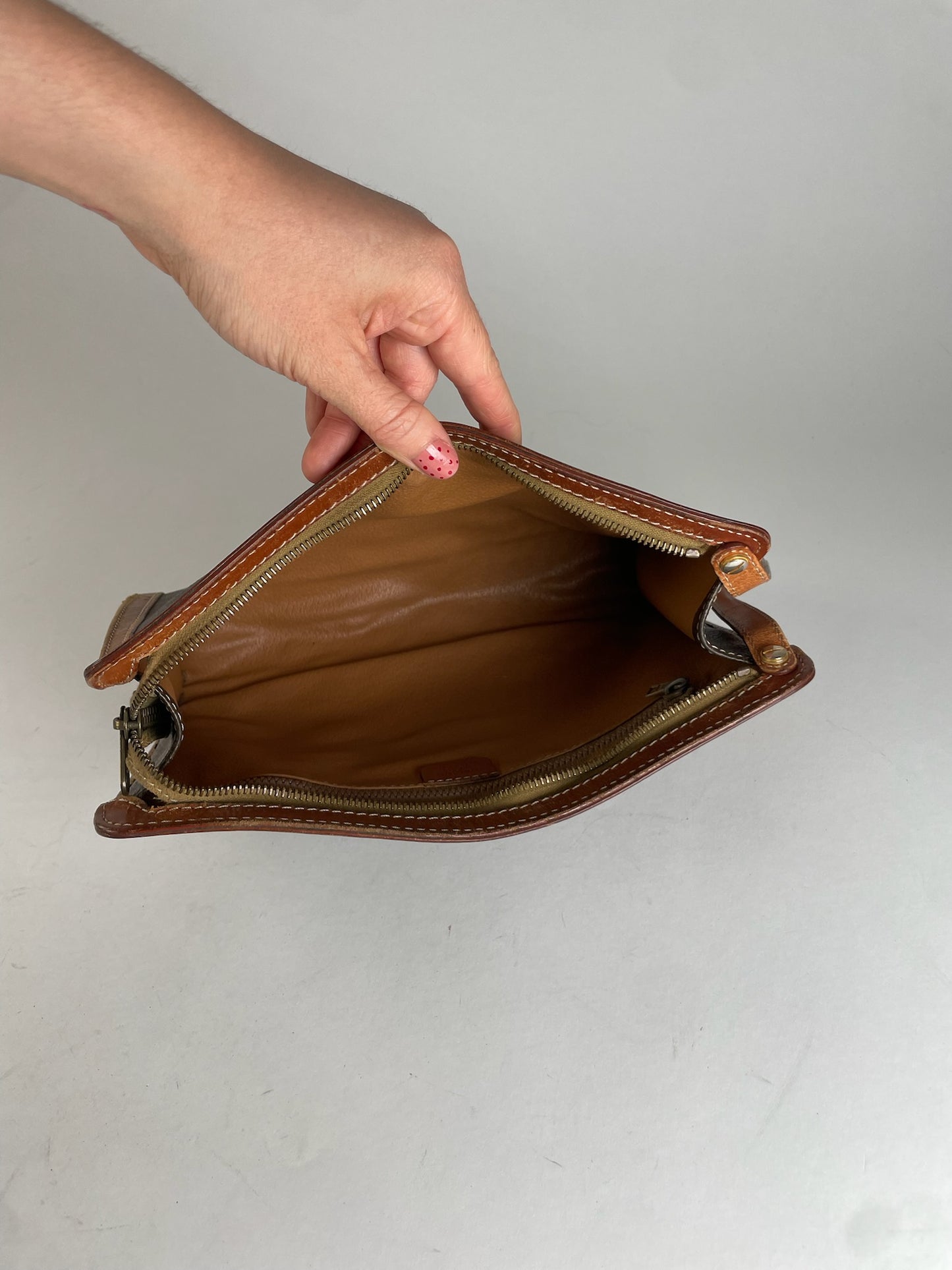 Vintage Celine Paris Triomphe Monogram Leather Clutch Brown
