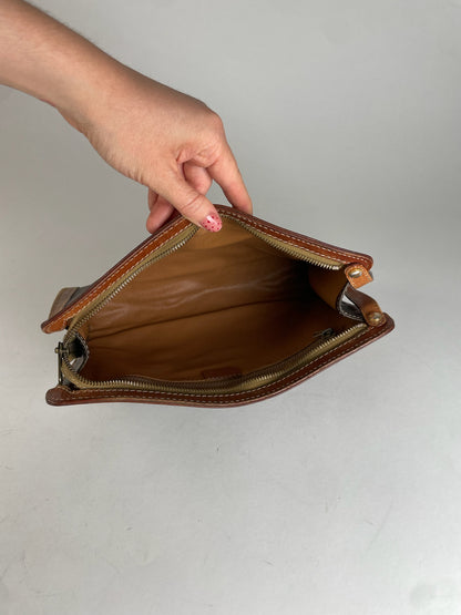Vintage Celine Paris Triomphe Monogram Leather Clutch Brown