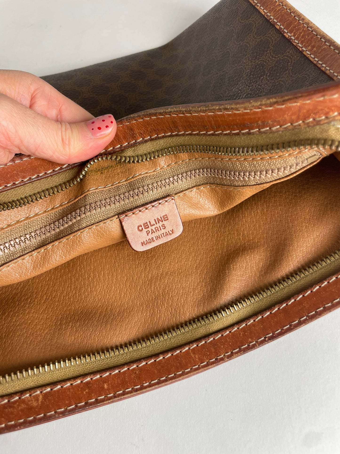 Vintage Celine Paris Triomphe Monogram Leather Clutch Brown