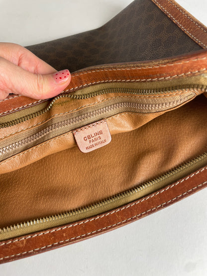 Vintage Celine Paris Triomphe Monogram Leather Clutch Brown