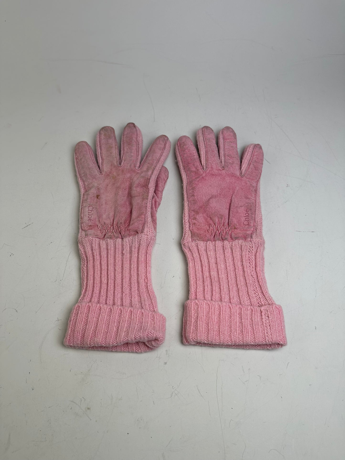 Vintage Chloe Suede Knit Cuff Gloves Pink