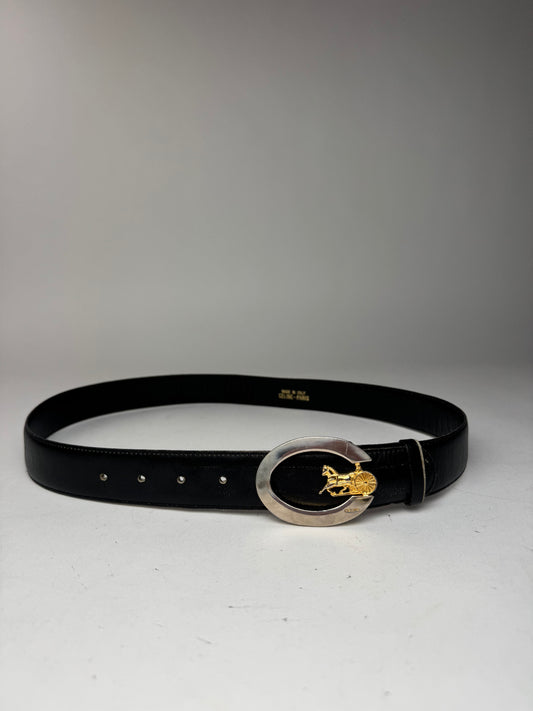 Vintage Celine Paris Carriage Logo Leather belt black