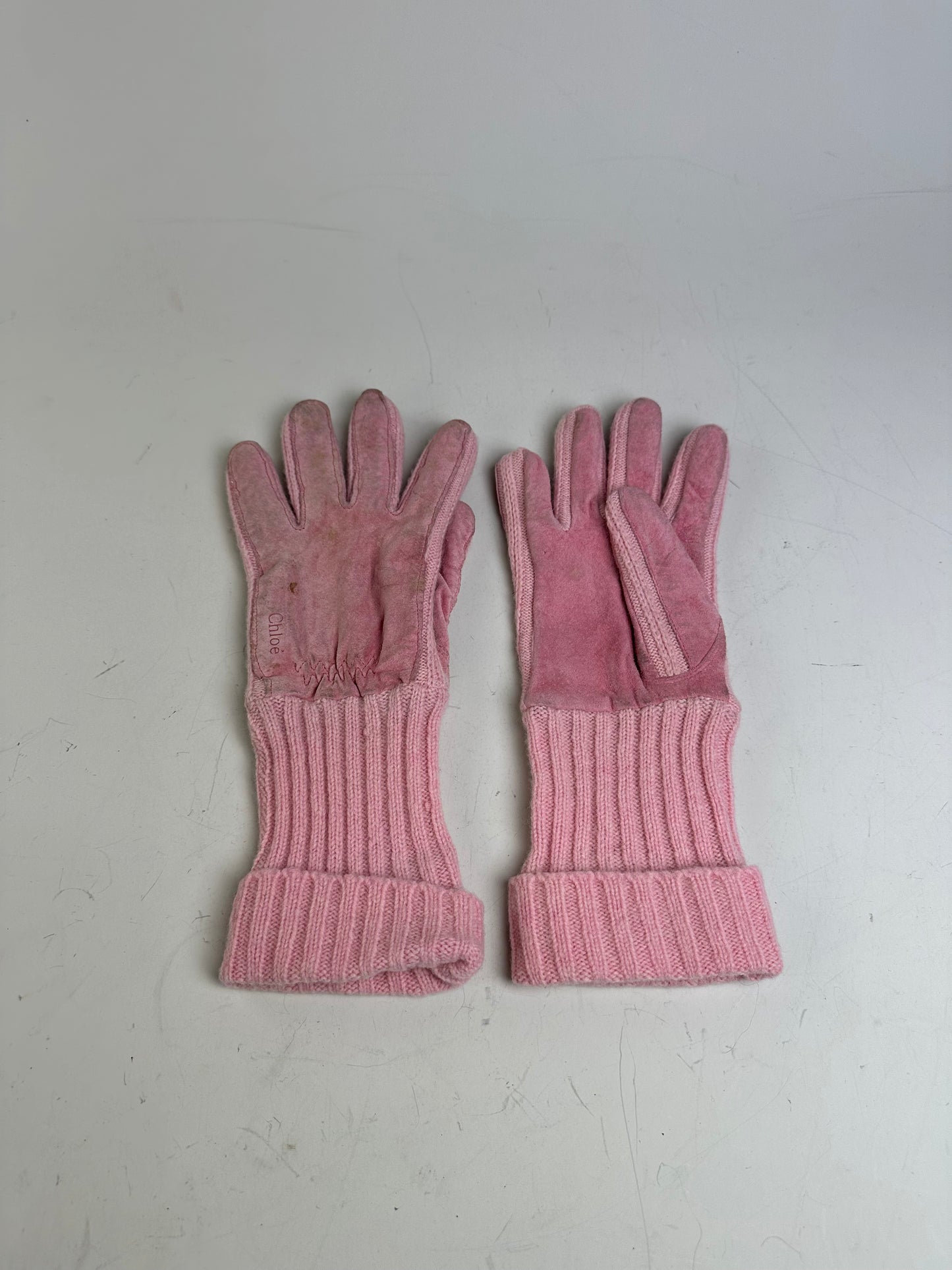 Vintage Chloe Suede Knit Cuff Gloves Pink