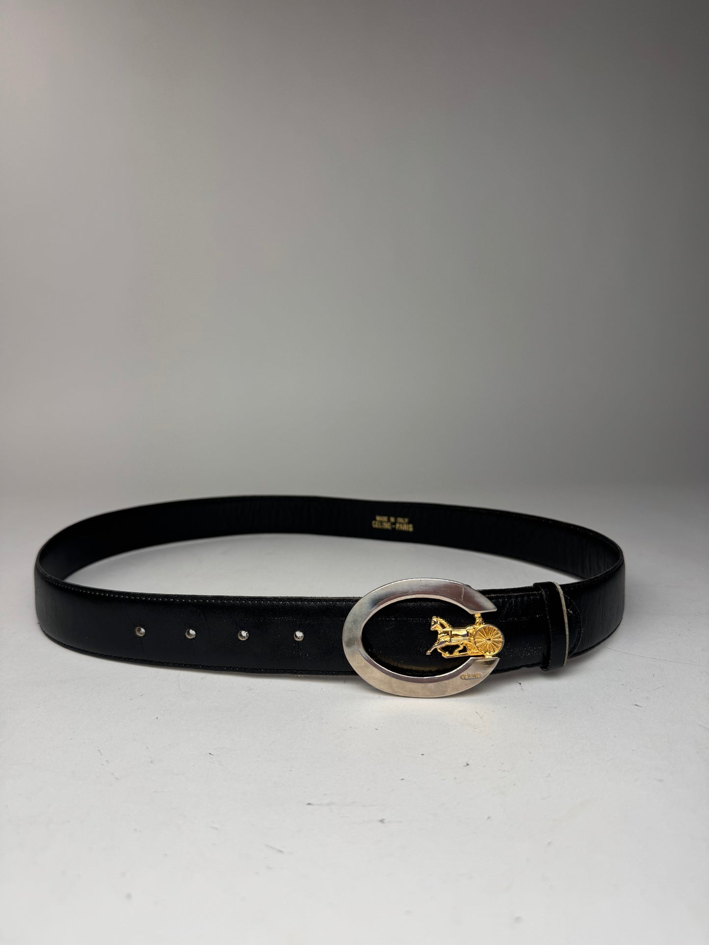 Vintage Celine Paris Carriage Logo Leather belt black