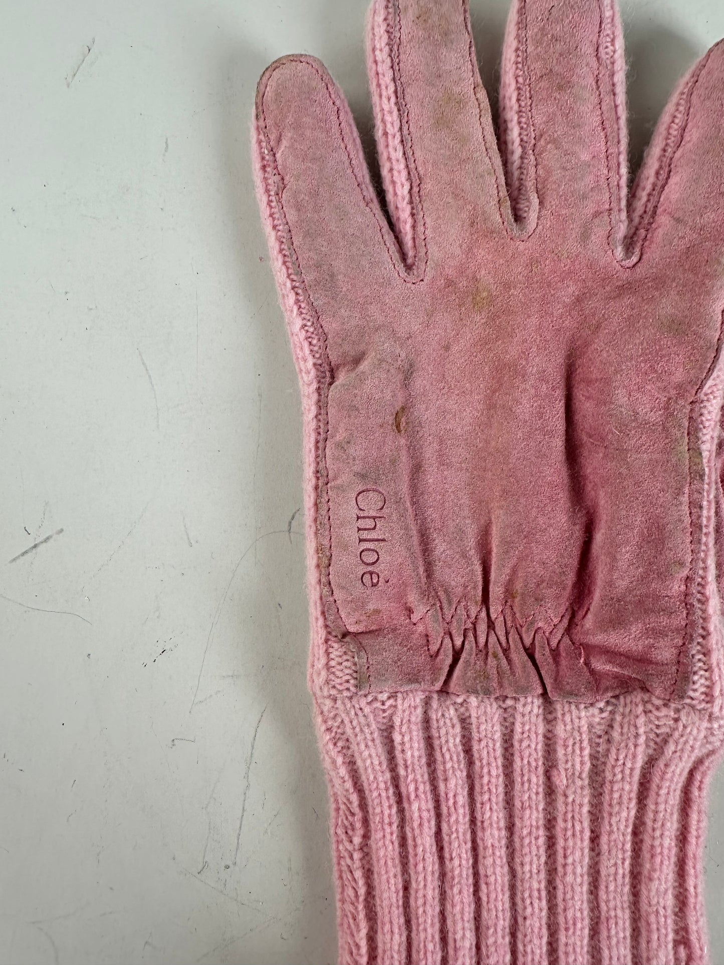 Vintage Chloe Suede Knit Cuff Gloves Pink