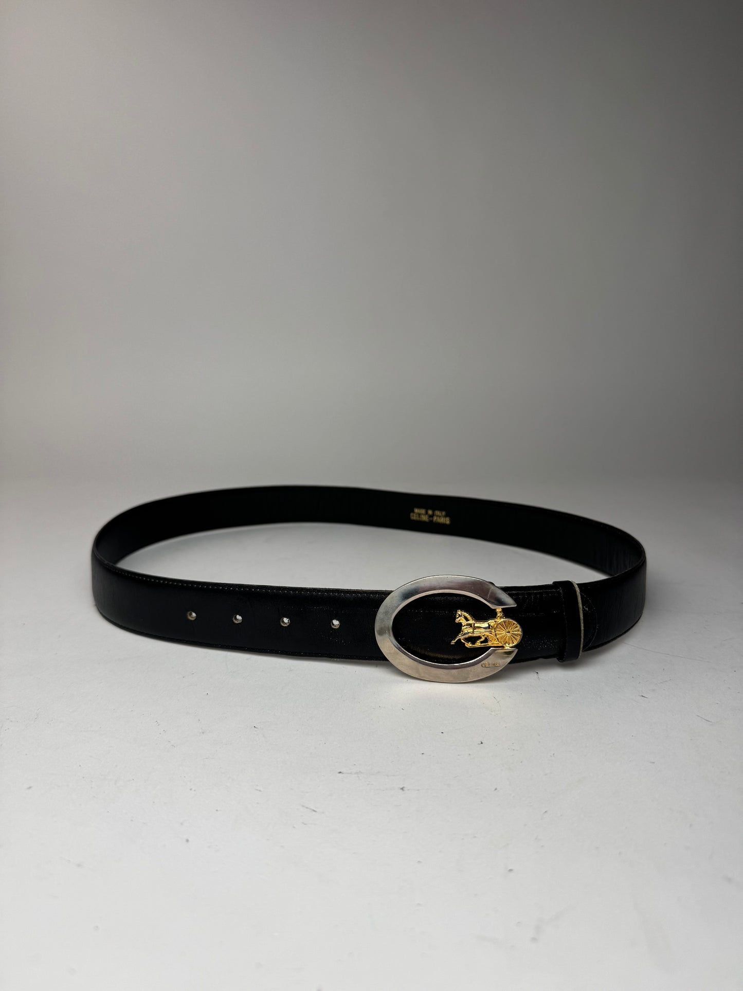 Vintage Celine Paris Carriage Logo Leather belt black