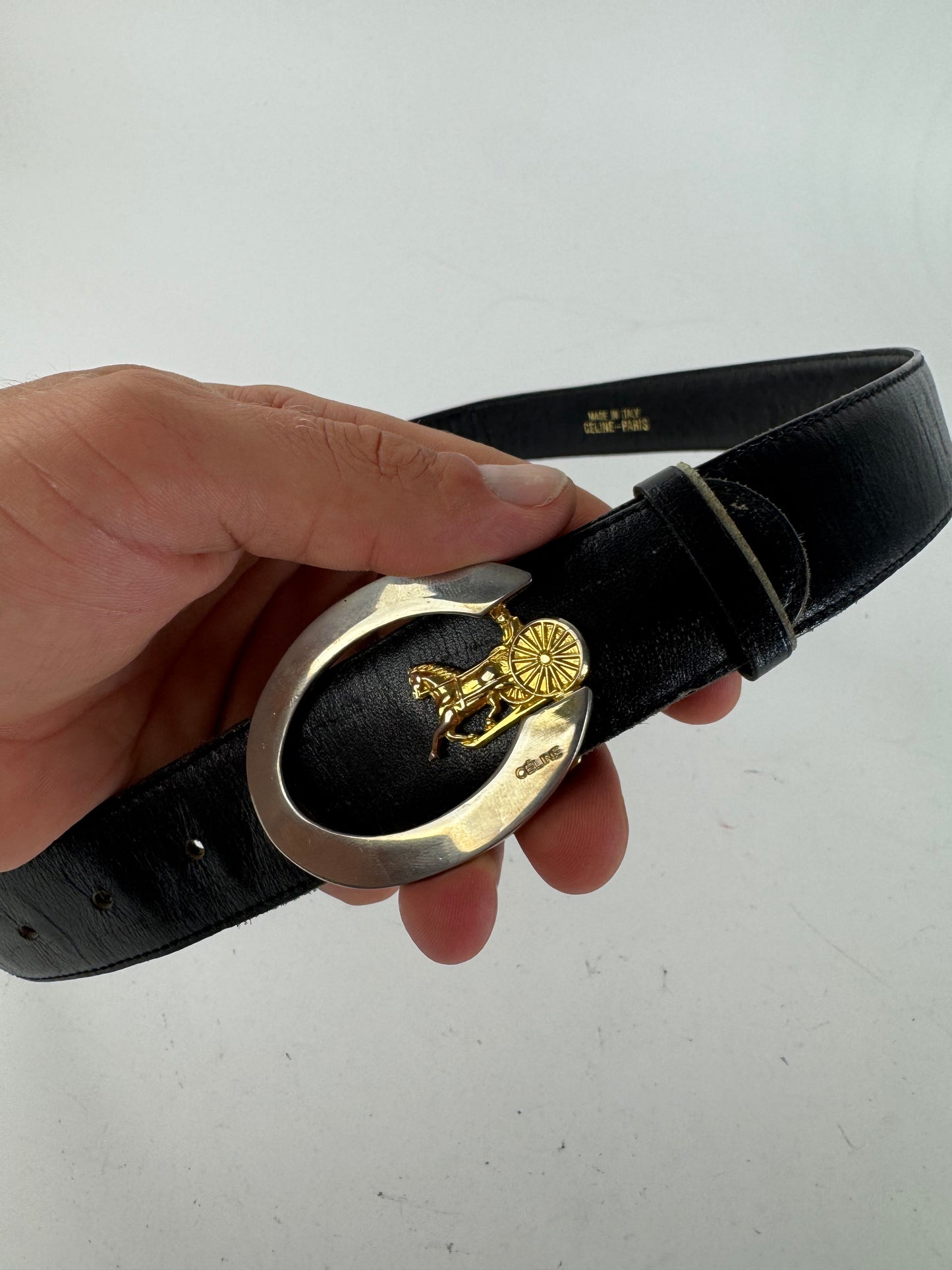 Vintage Celine Paris Carriage Logo Leather belt black