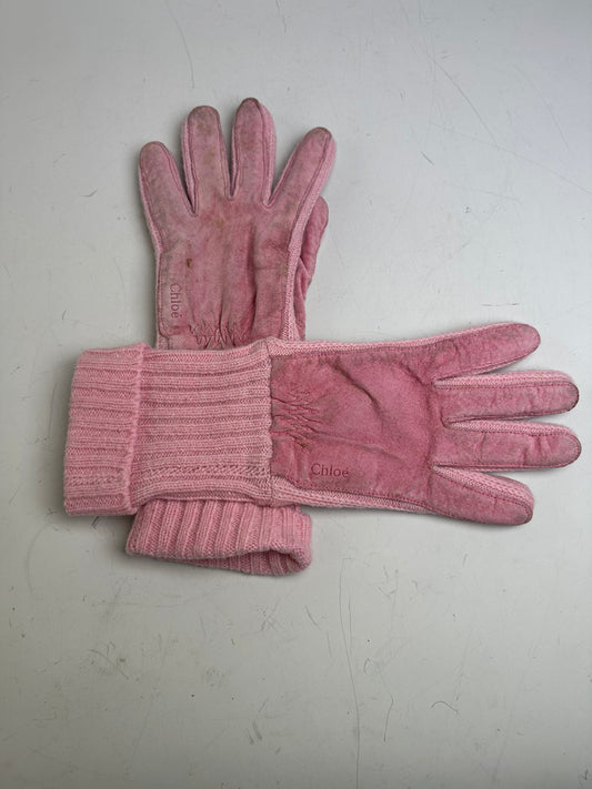 Vintage Chloe Suede Knit Cuff Gloves Pink