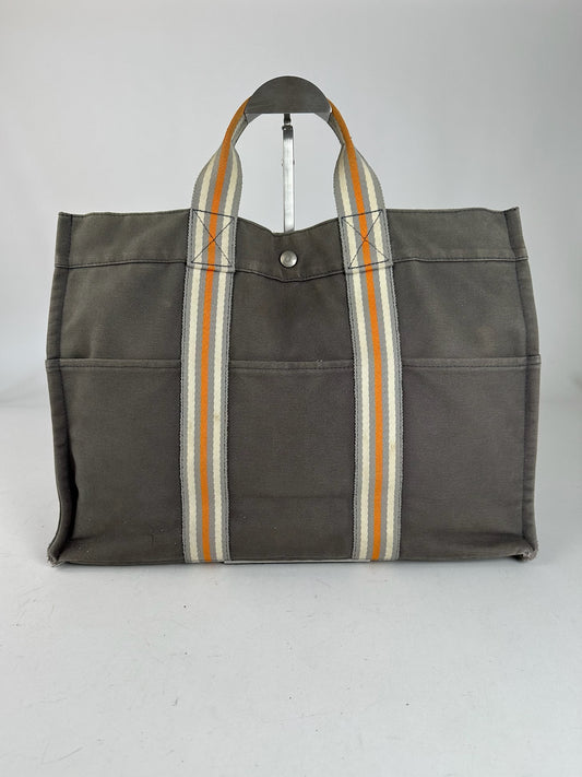 Vintage Hermes Canvas Shopper Grey Orange Stripe