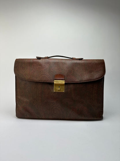 Vintage Etro Paisley Coated Canvas Briefcase Late 1980s Dark Brown
