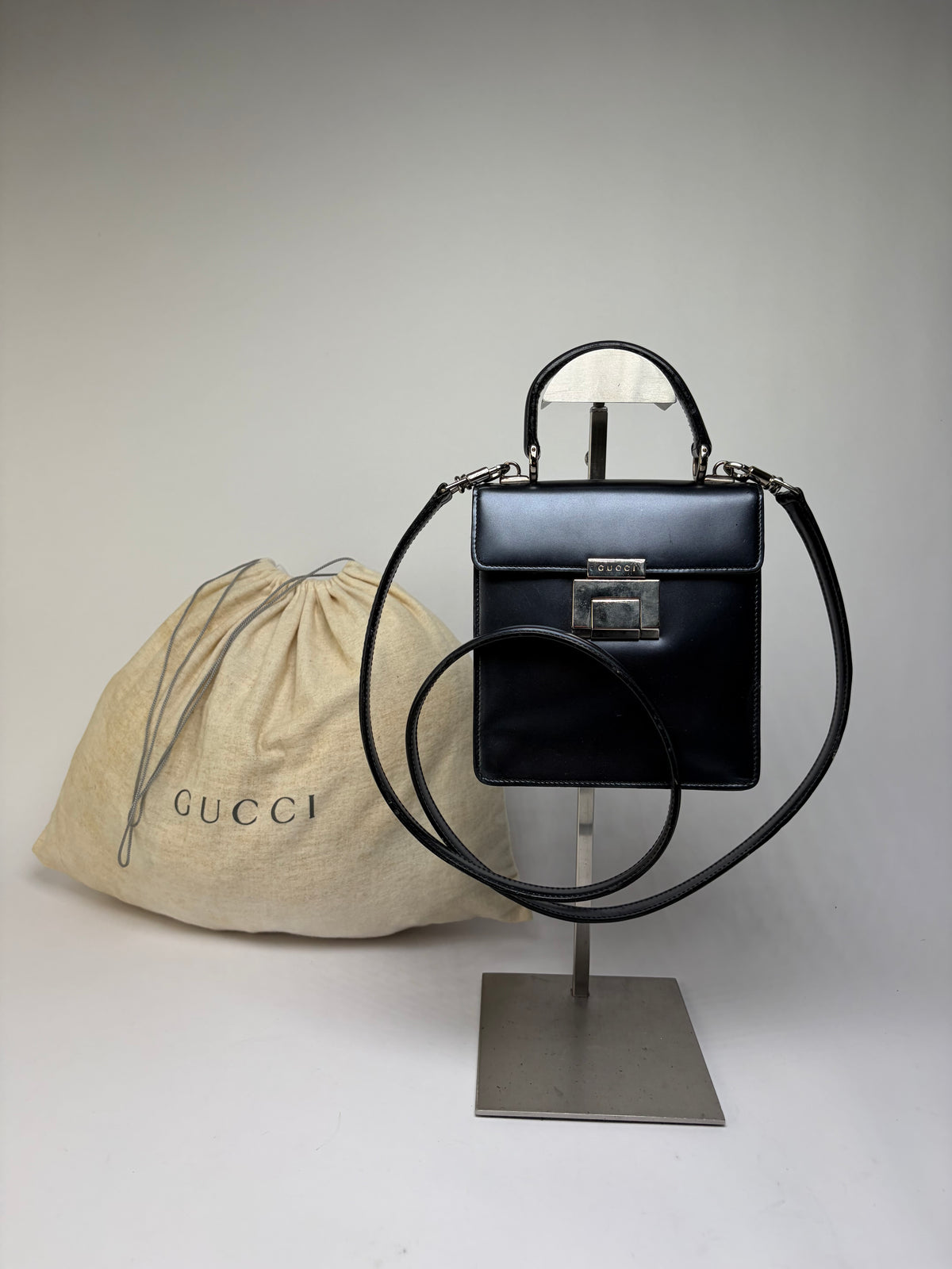 Vintage Gucci Structured Leather Top-Handle Bag Black Silver
