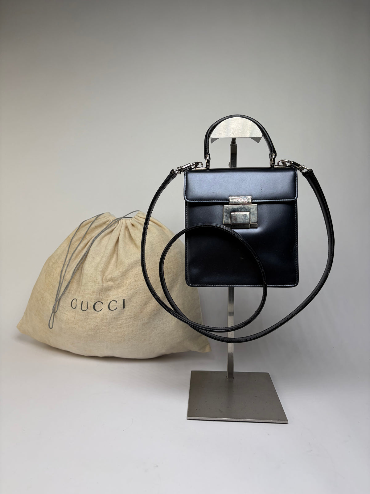 Vintage Gucci Structured Leather Top-Handle Bag Black Silver