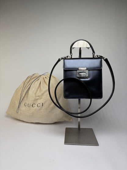 Vintage Gucci Structured Leather Top-Handle Bag Black Silver