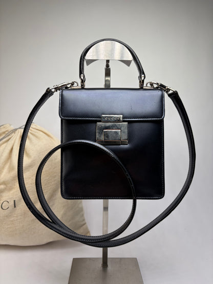 Vintage Gucci Structured Leather Top-Handle Bag Black Silver