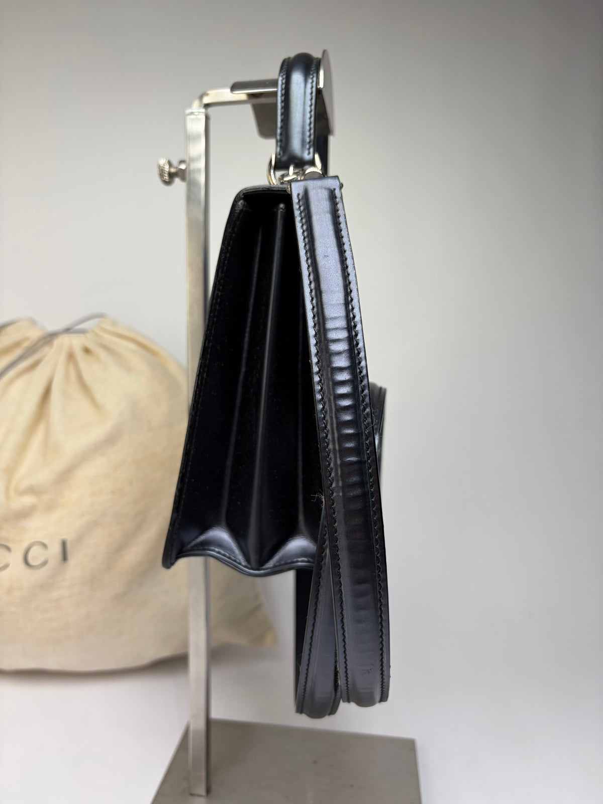 Vintage Gucci Structured Leather Top-Handle Bag Black Silver