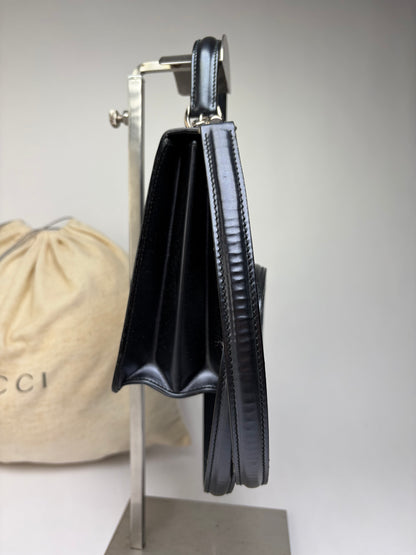 Vintage Gucci Structured Leather Top-Handle Bag Black Silver