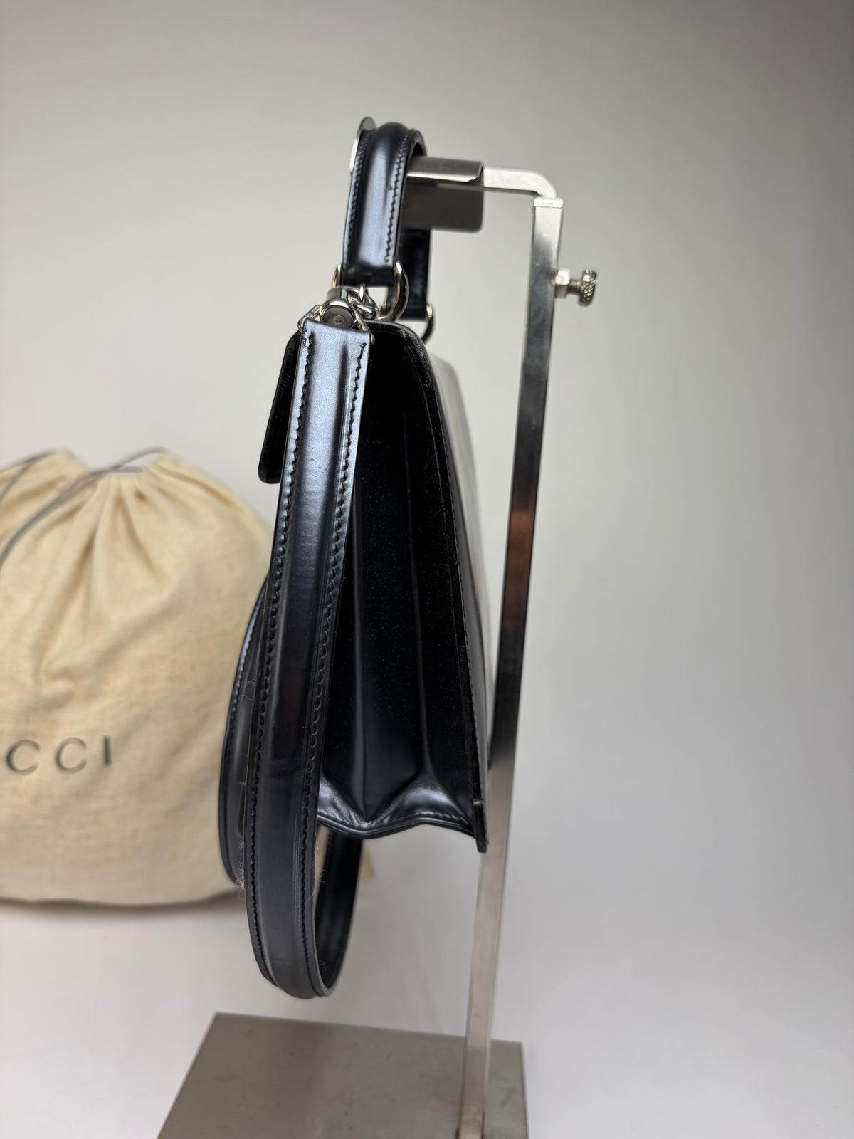 Vintage Gucci Structured Leather Top-Handle Bag Black Silver