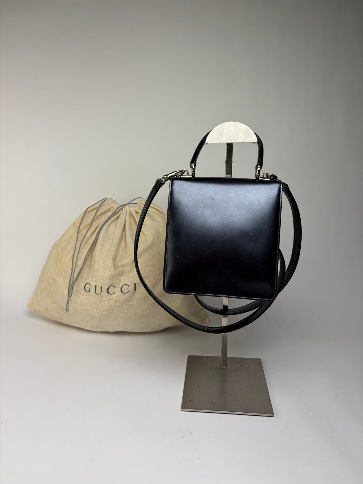 Vintage Gucci Structured Leather Top-Handle Bag Black Silver