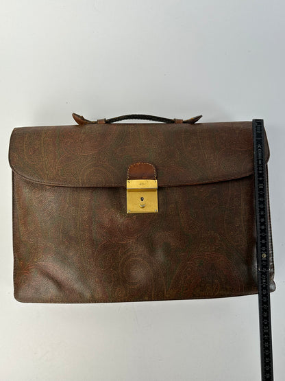Vintage Etro Paisley Coated Canvas Briefcase Late 1980s Dark Brown