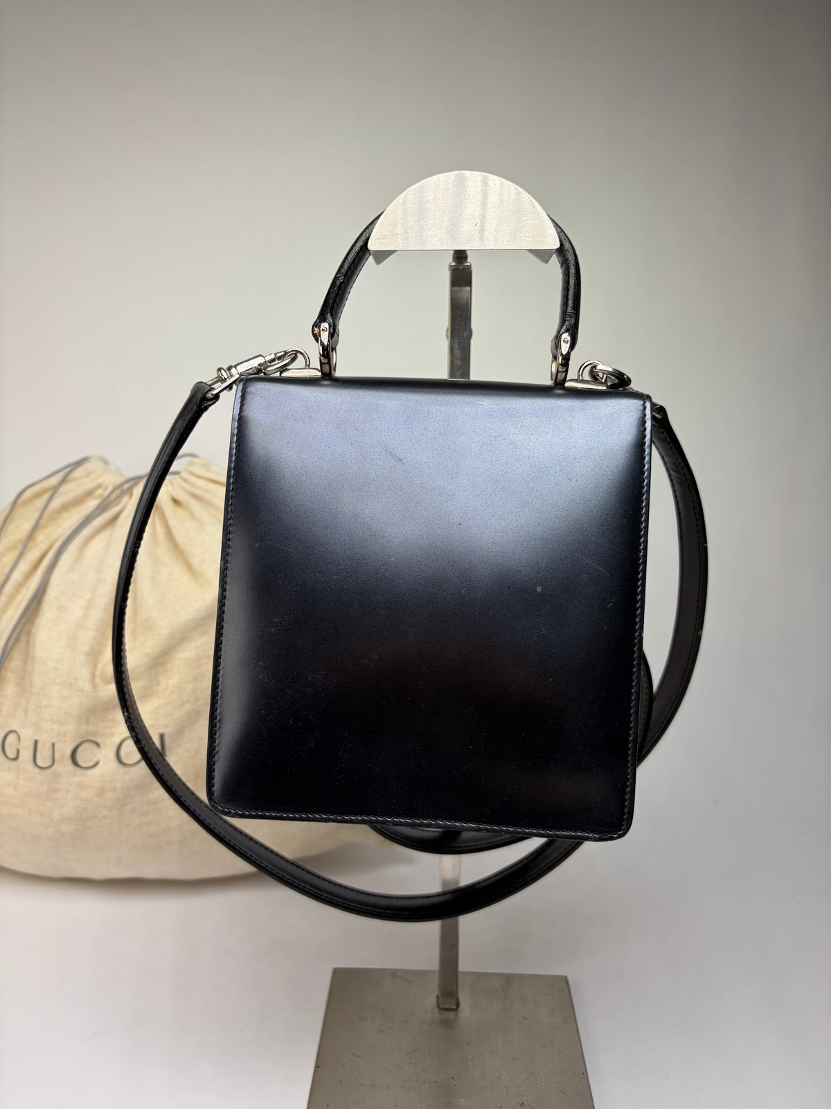 Vintage Gucci Structured Leather Top-Handle Bag Black Silver