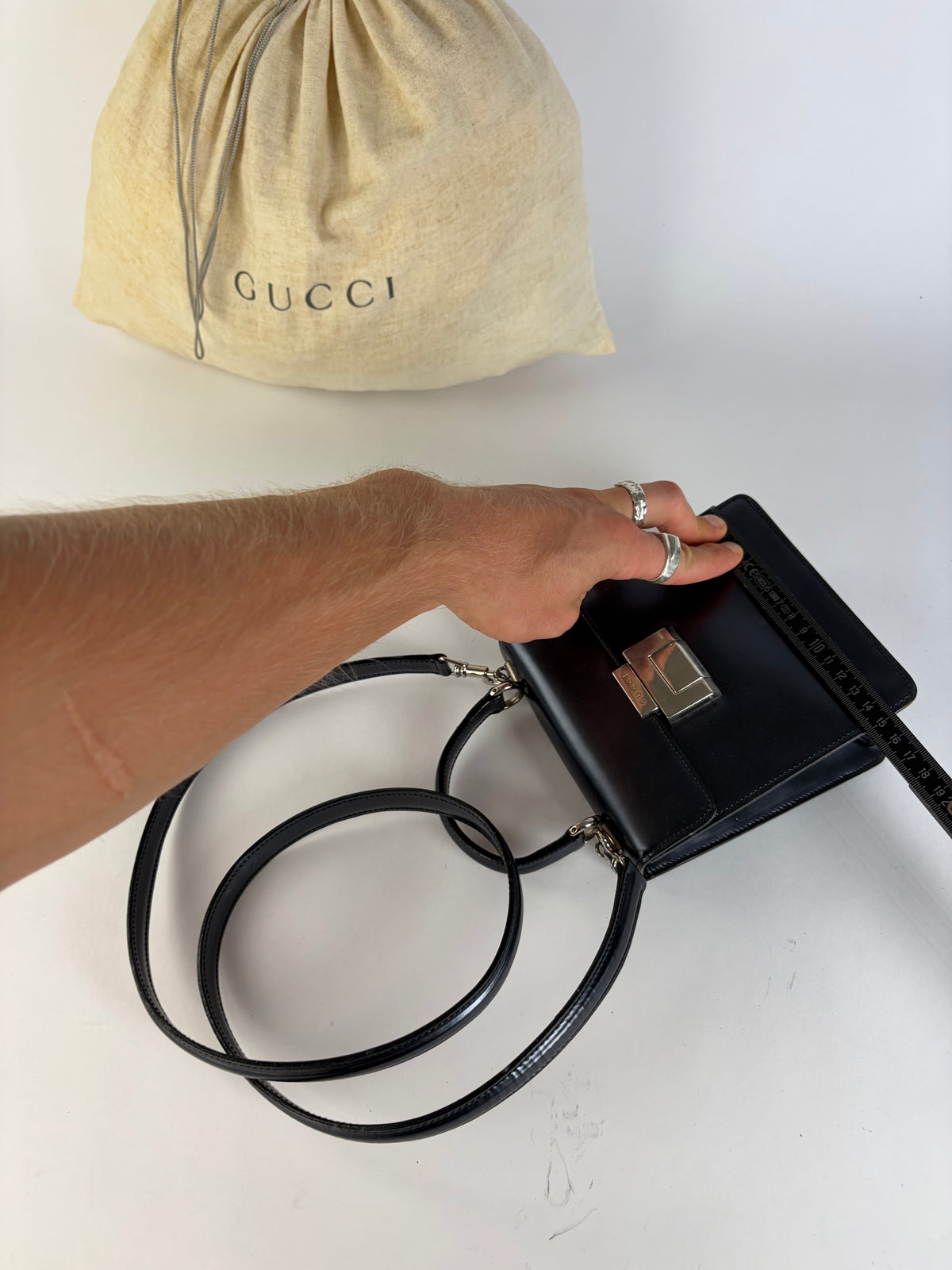 Vintage Gucci Structured Leather Top-Handle Bag Black Silver