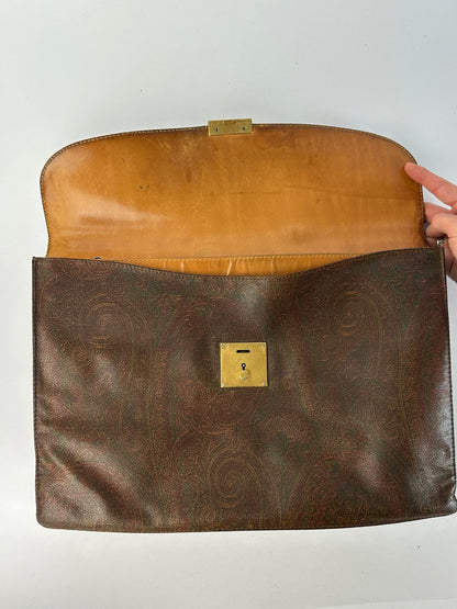 Vintage Etro Paisley Coated Canvas Briefcase Late 1980s Dark Brown