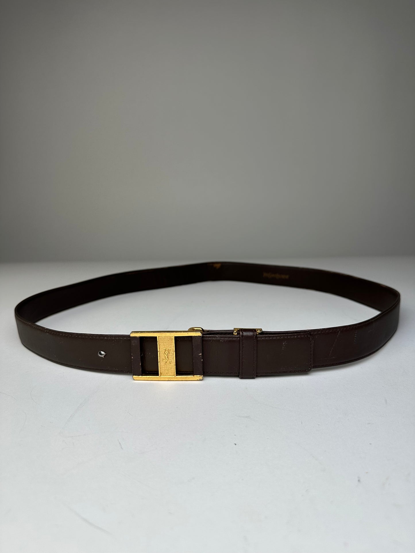 Vintage Saint Laurent Leather Belt Brown Gold Buckle
