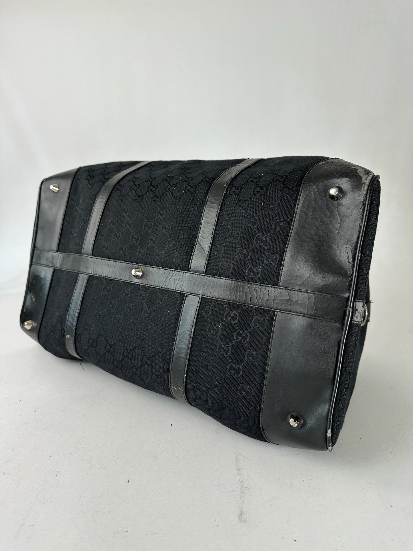 Vintage Gucci Monogram Leather Duffel Bag Black