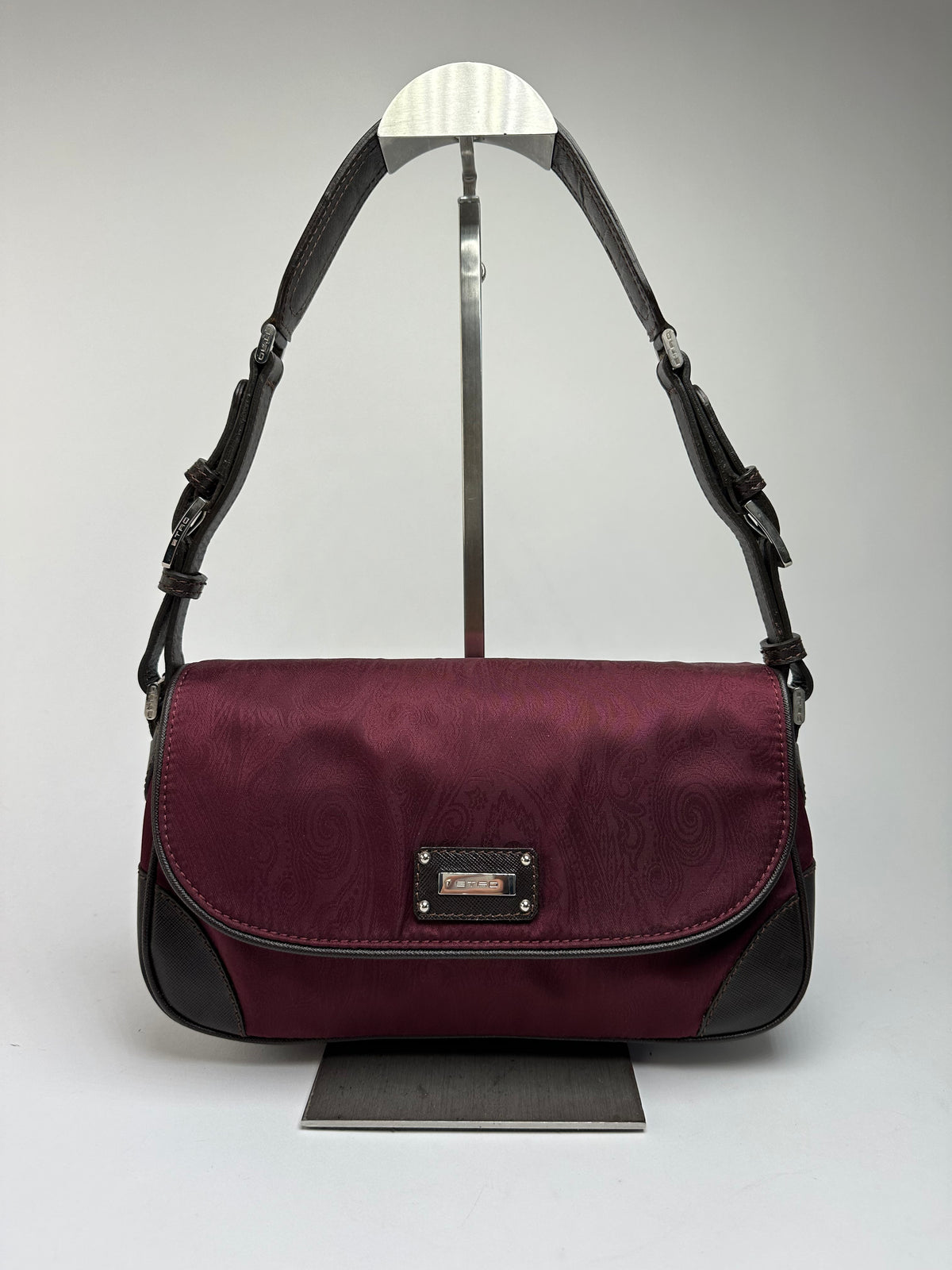 Vintage Etro Paisley Nylon Flap Crossbody Bag Early 2000s Burgundy