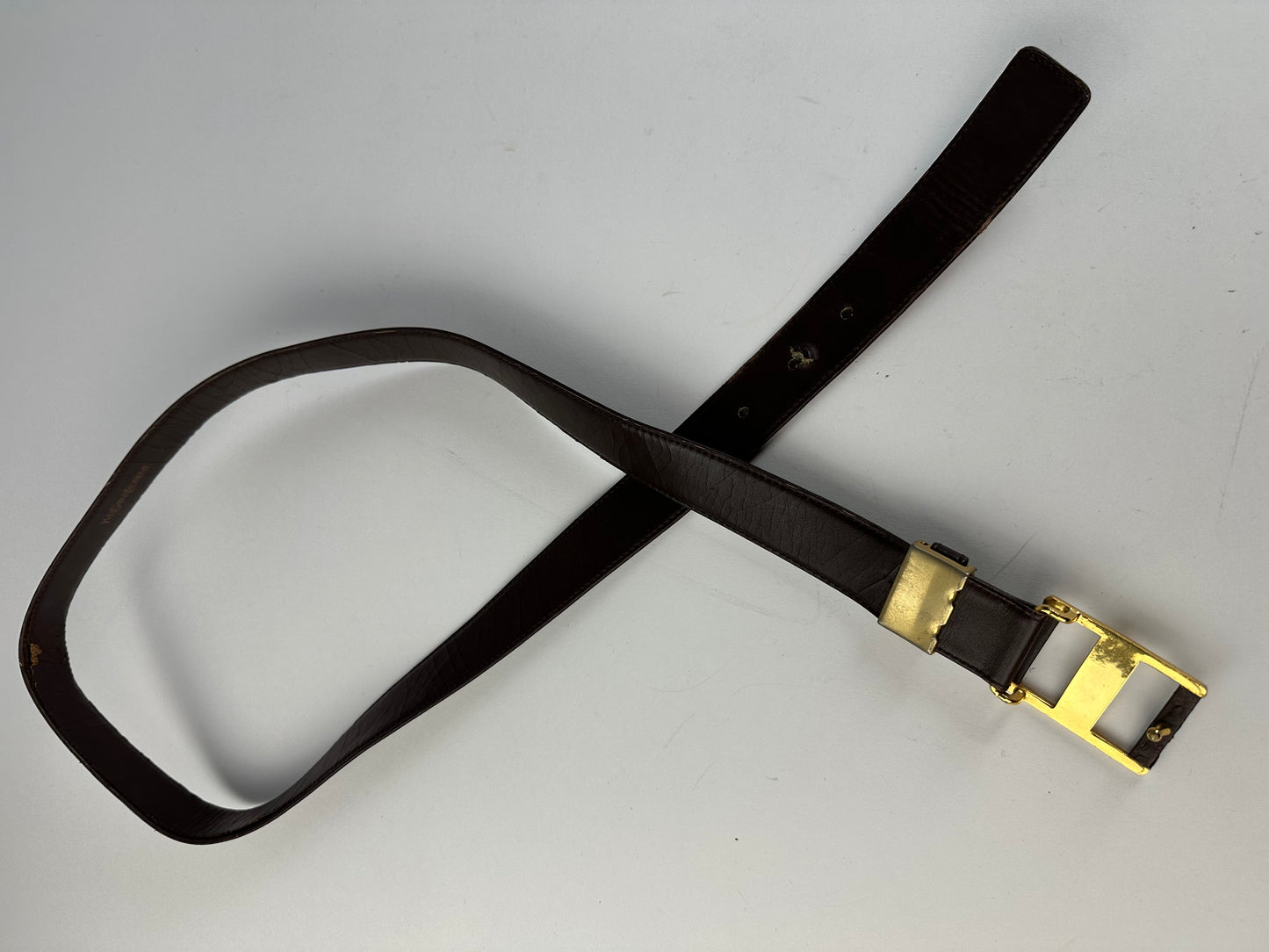 Vintage Saint Laurent Leather Belt Brown Gold Buckle