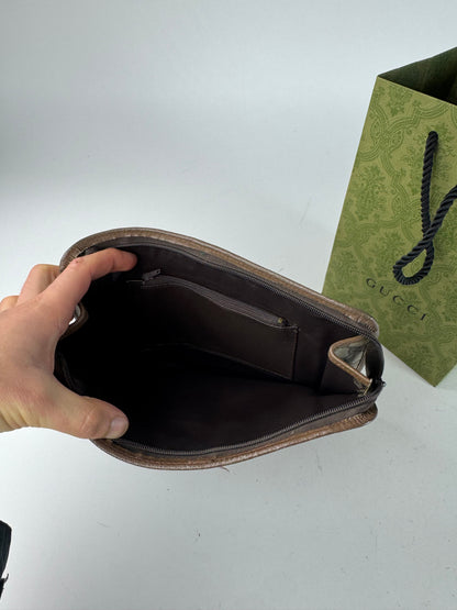 Vintage Gucci Monogram Leather Clutch Grey Brown