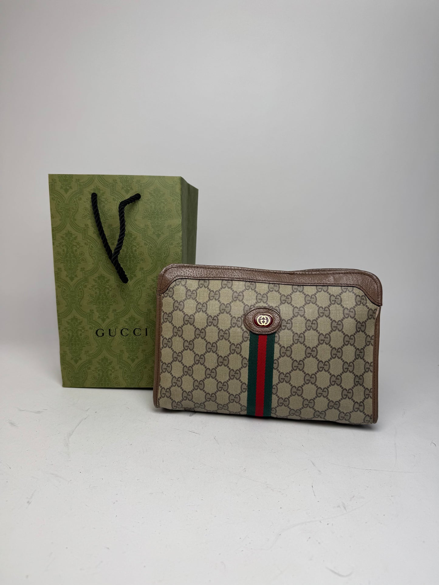 Vintage Gucci Monogram Leather Clutch Grey Brown