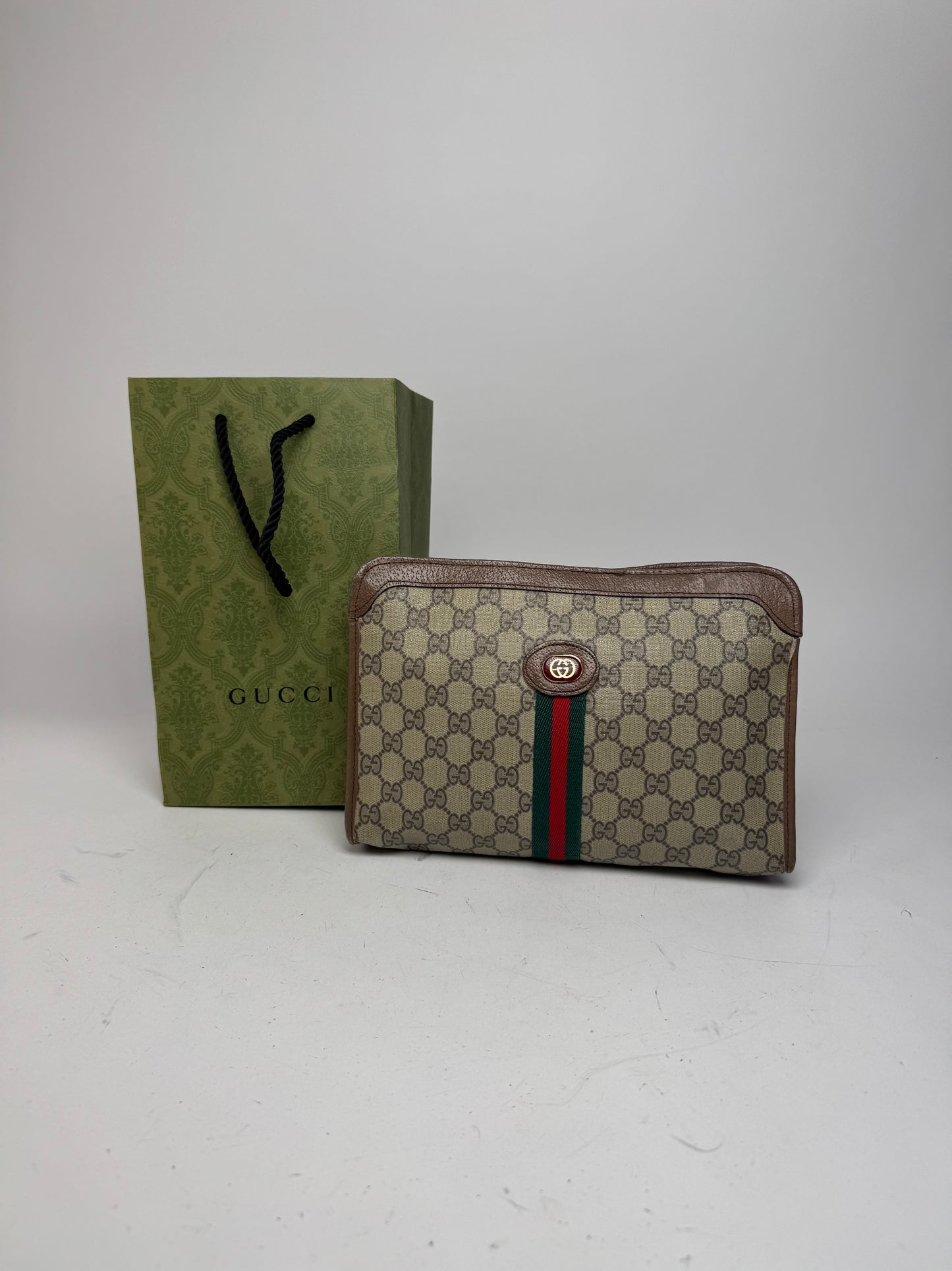 Vintage Gucci Monogram Leather Clutch Grey Brown