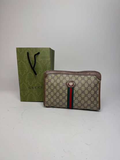 Vintage Gucci Monogram Leather Clutch Grey Brown
