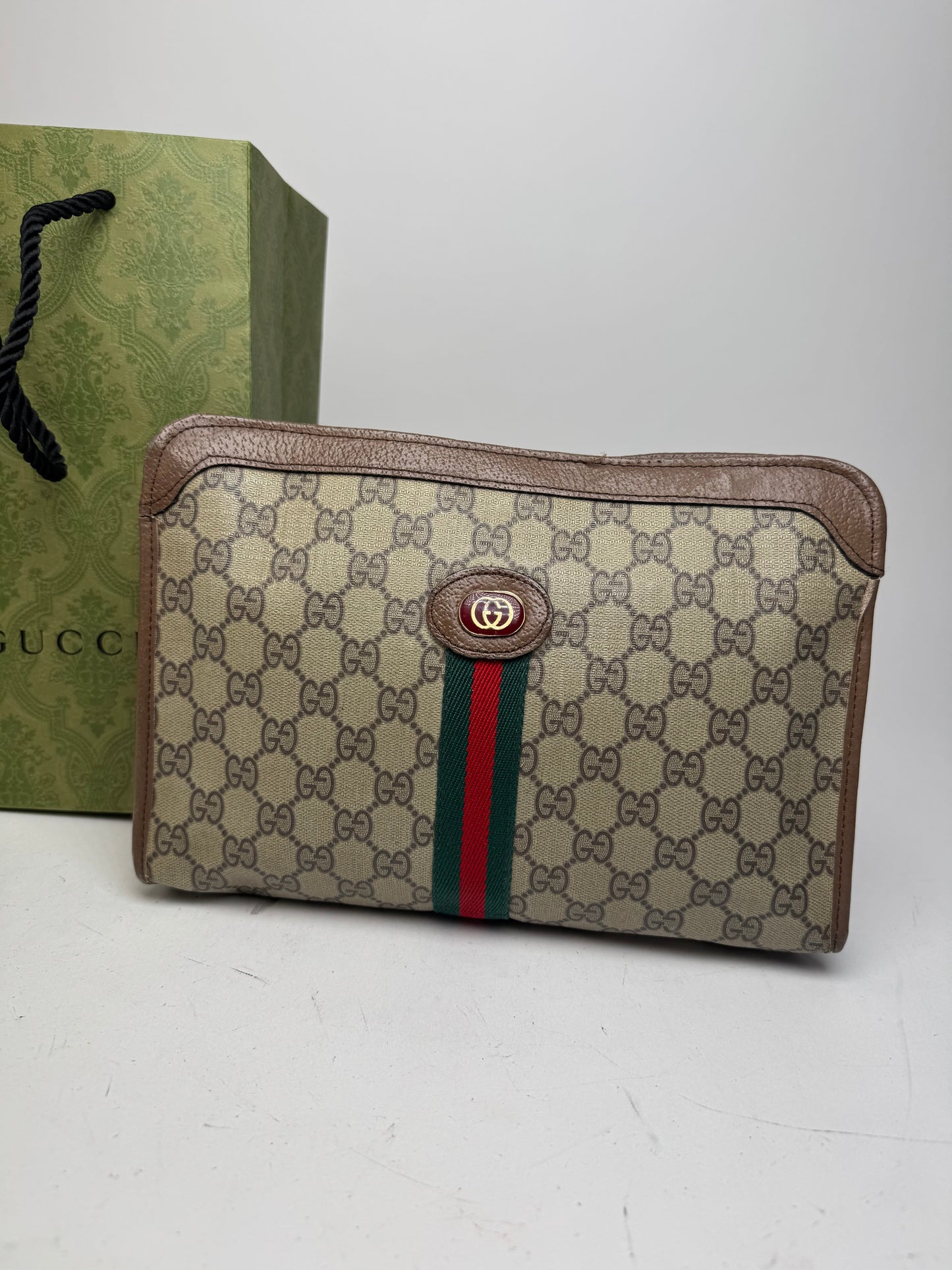 Vintage Gucci Monogram Leather Clutch Grey Brown