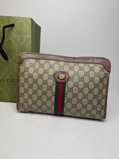 Vintage Gucci Monogram Leather Clutch Grey Brown